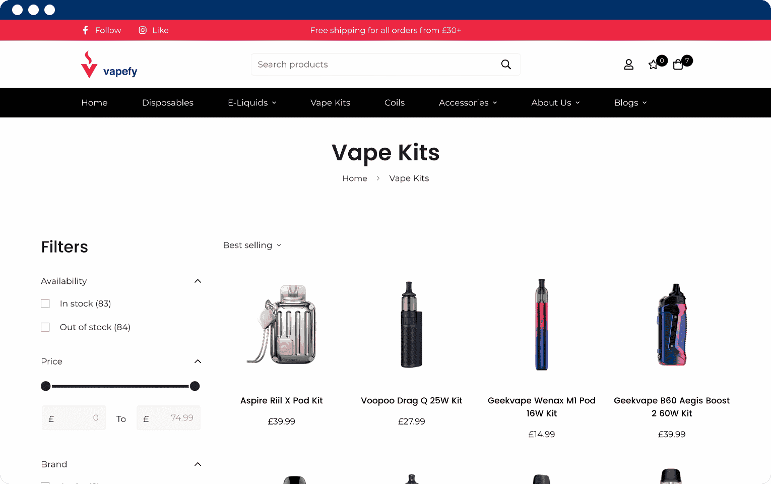 Vapefy e-commerce web design